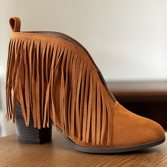 Mata Shoes - Mata Fringe Ankle Booties Sz 8.5M | Western Boho Suede Heel Boot | Brown